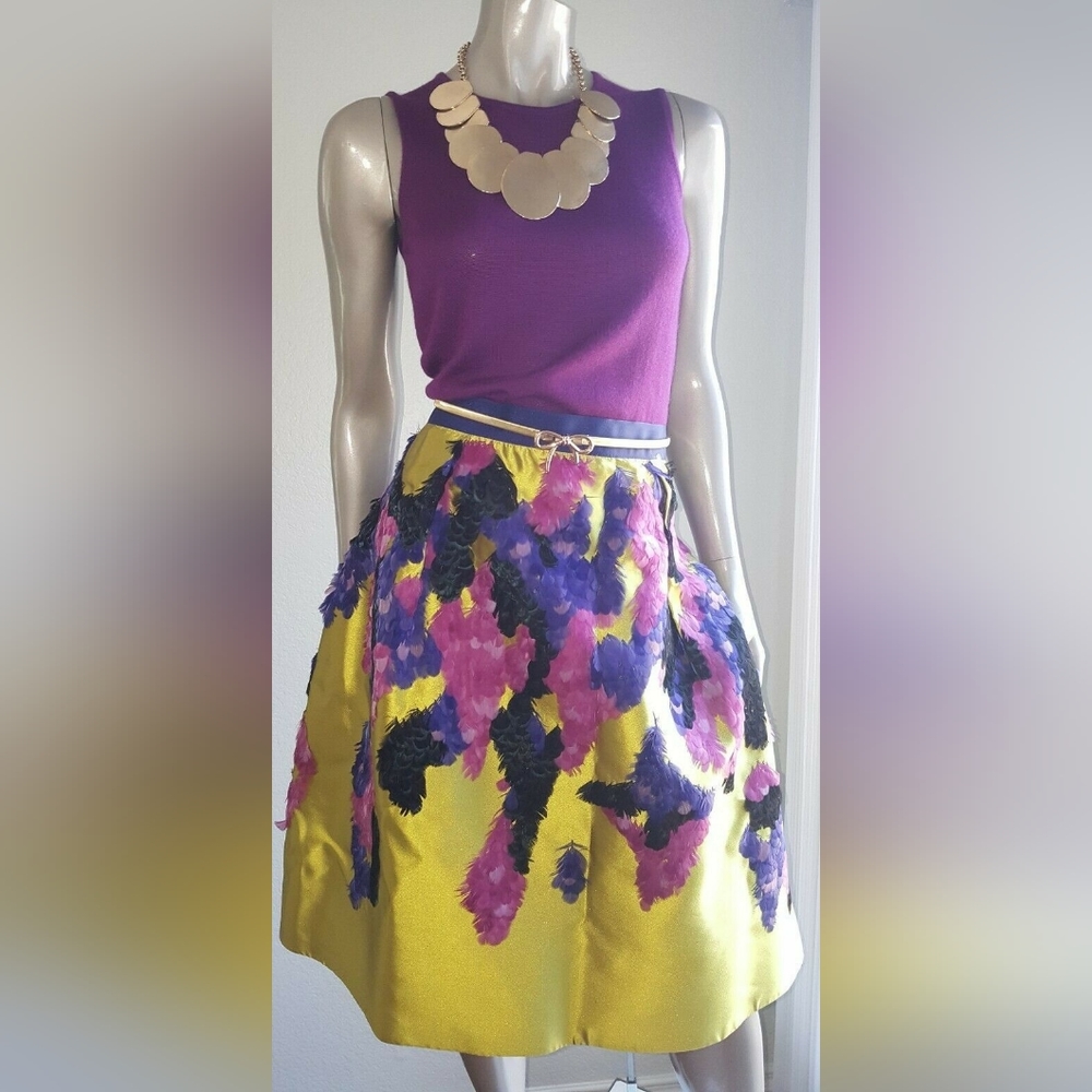 $3,400 OSCAR DE LA RENTA SILK GOLDEN FEATHER RUNWAY SKIRT XL